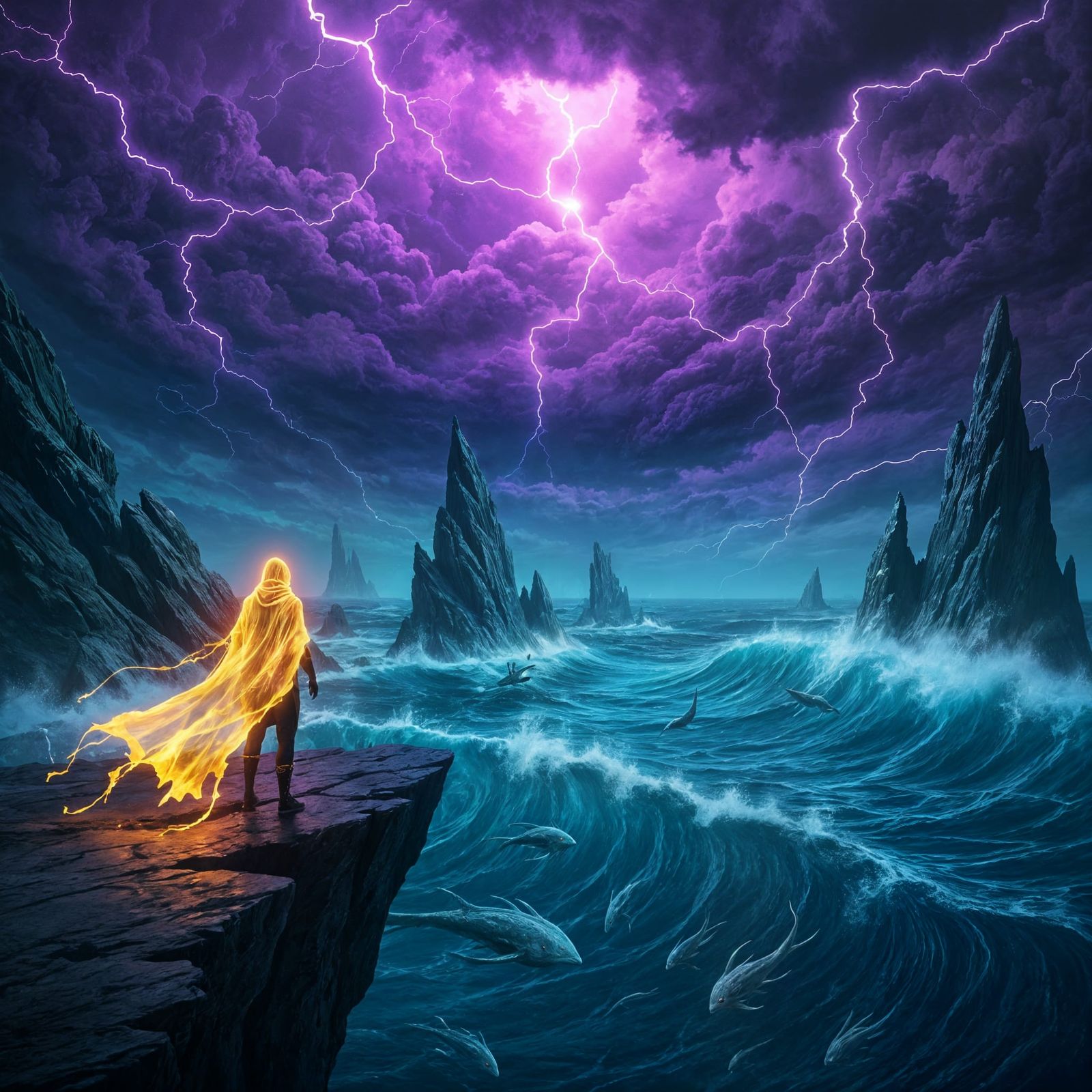 Lone Figure on Cliff Overlooking Alien Sea