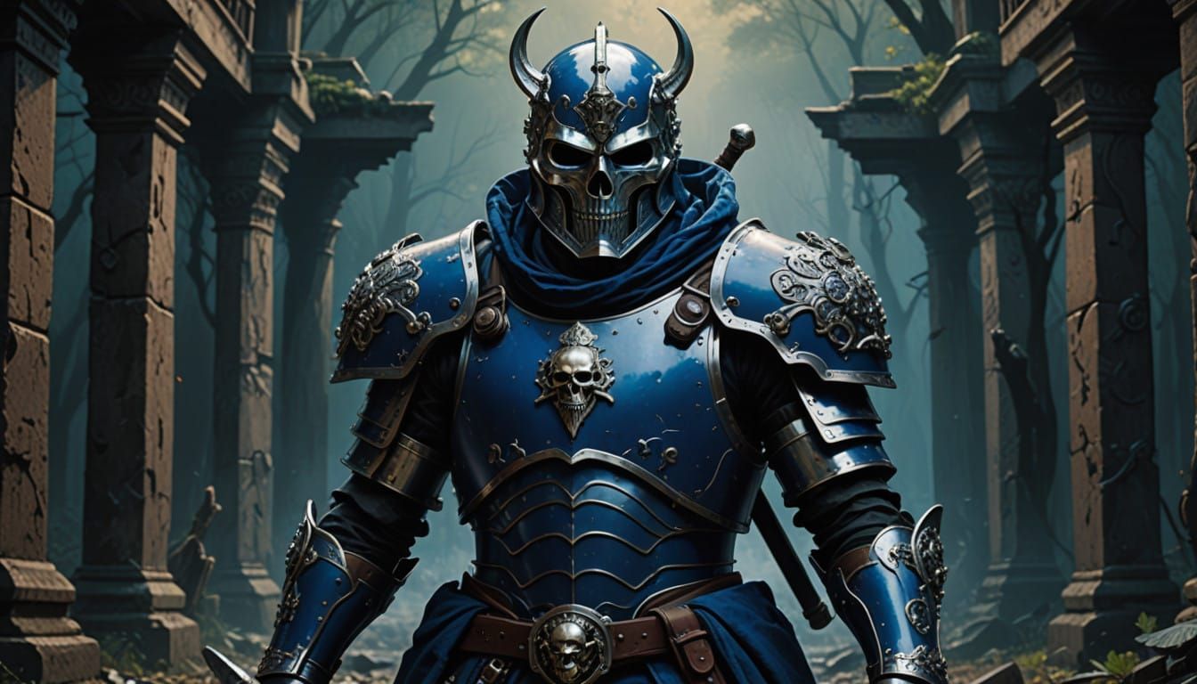 Epic Blue Knight in Majestic Film-Grain Armor