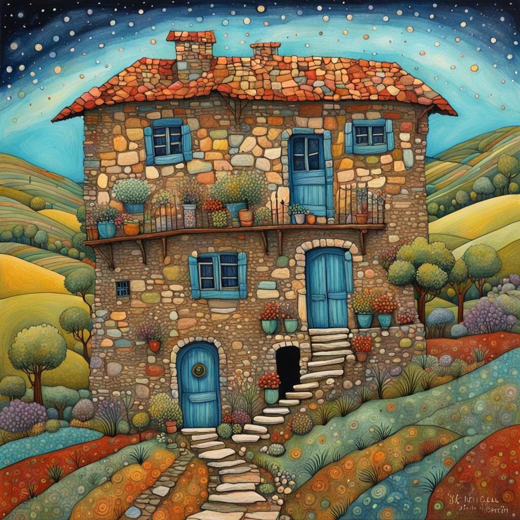 Italian Stone House in Storybook Illustration Style