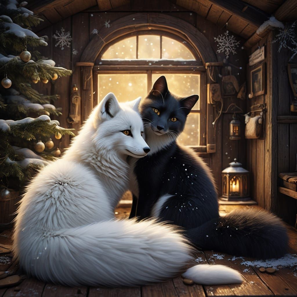 Arctic Fox and Tuxedo Cat Friendship in Cozy Cabin