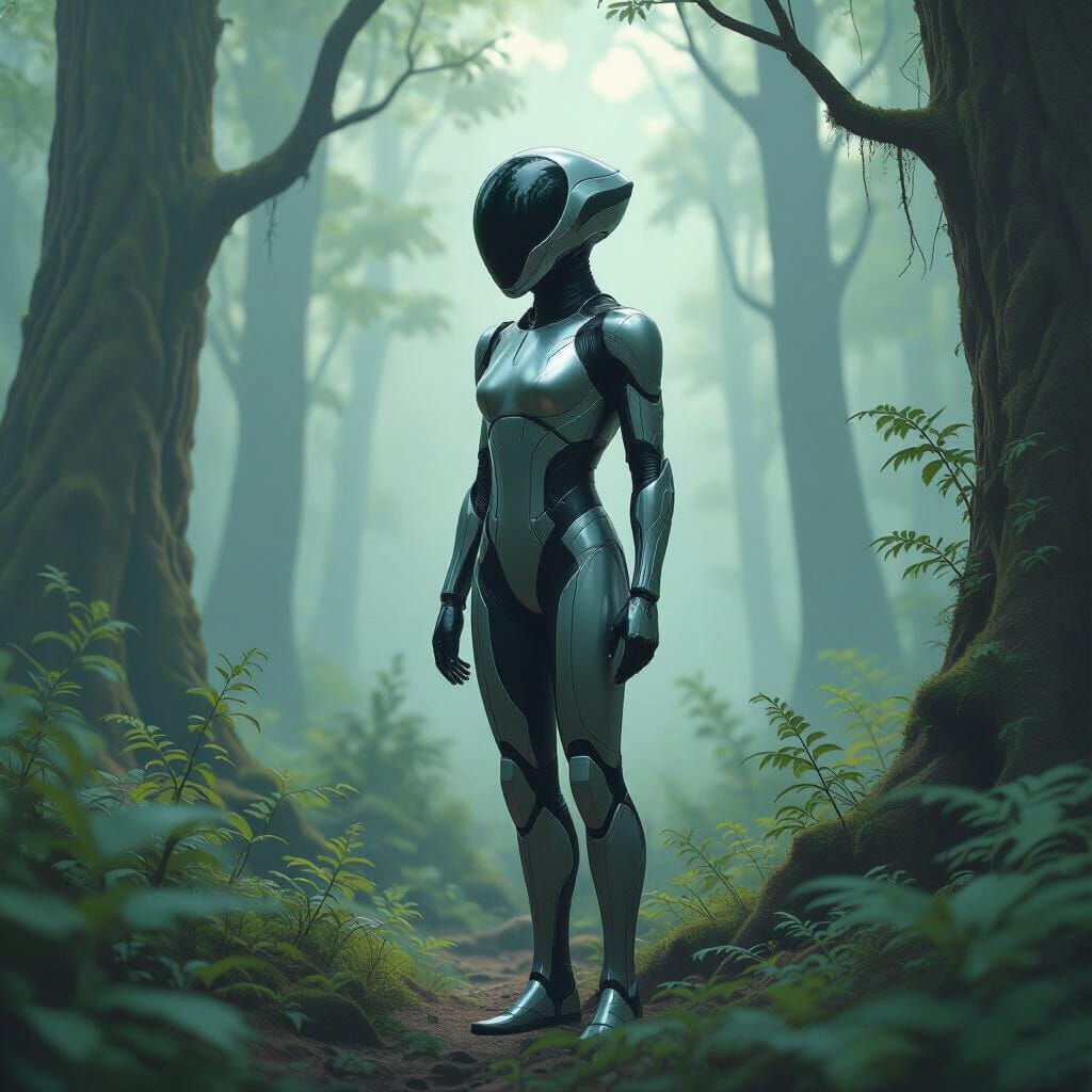 Alien Explorer in Mystical Forest, Retro-Futuristic Art