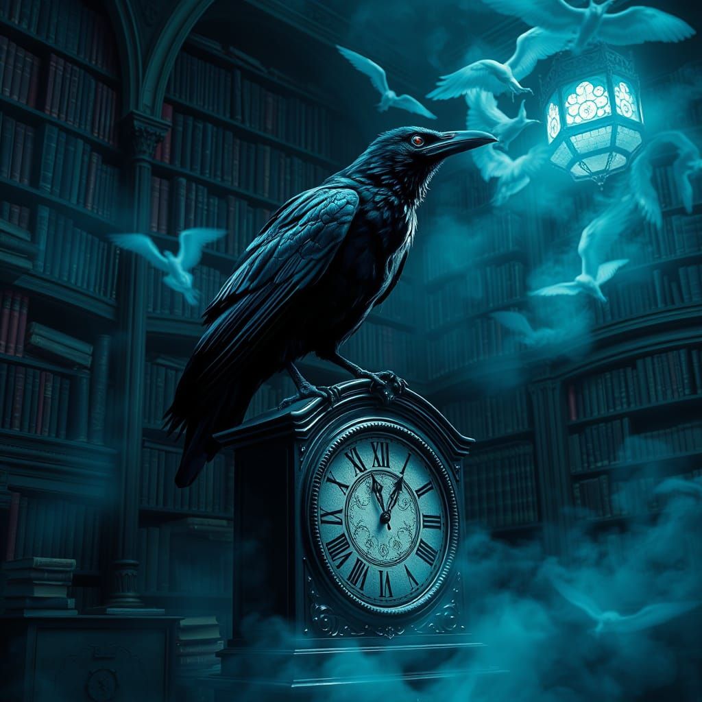 Spectral Raven in Haunted Library, Glitch Art Style