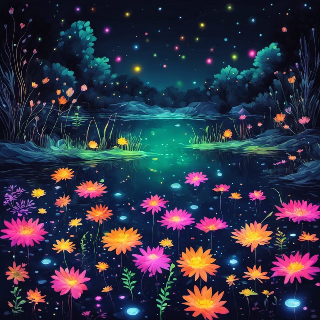 Fluorescent Flowers Bloom in Underwater Night Landscape