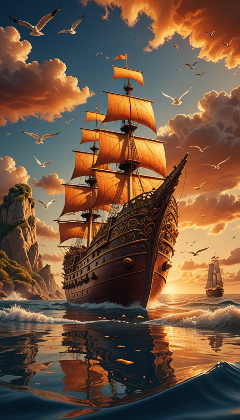 Golden Ship at Sunset: Photorealistic 3D Rendering
