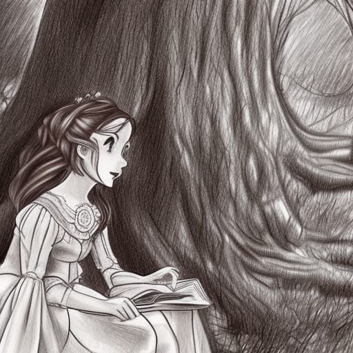 Girl Sketching Under Oak Tree in Steampunk Style