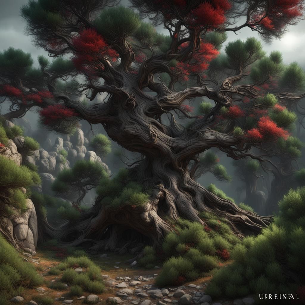 Black Pine Branch with Green and Red Gradient Background