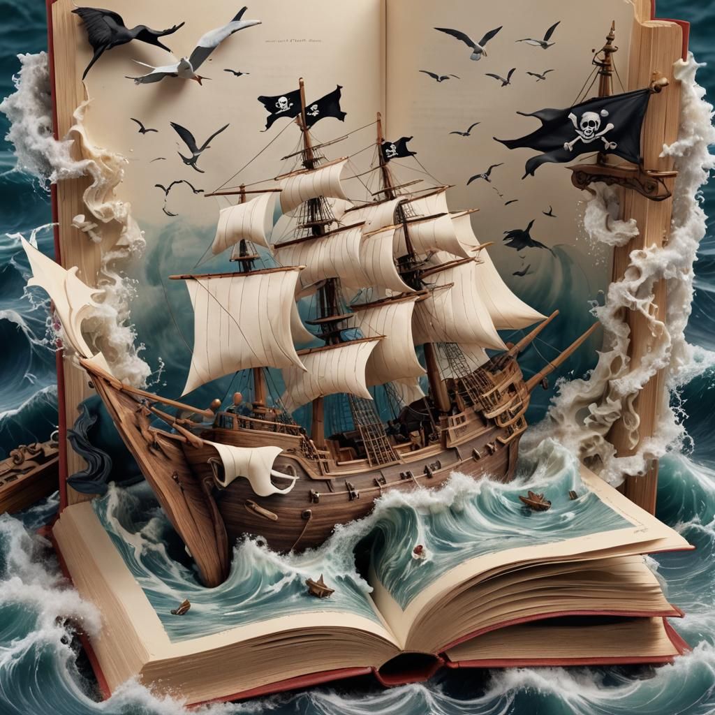 Pirate Ship Sails from Book: Detailed 3D Render