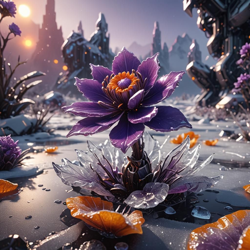 Fiery Purple Flower Frozen in Ice: Sci-Fi Render