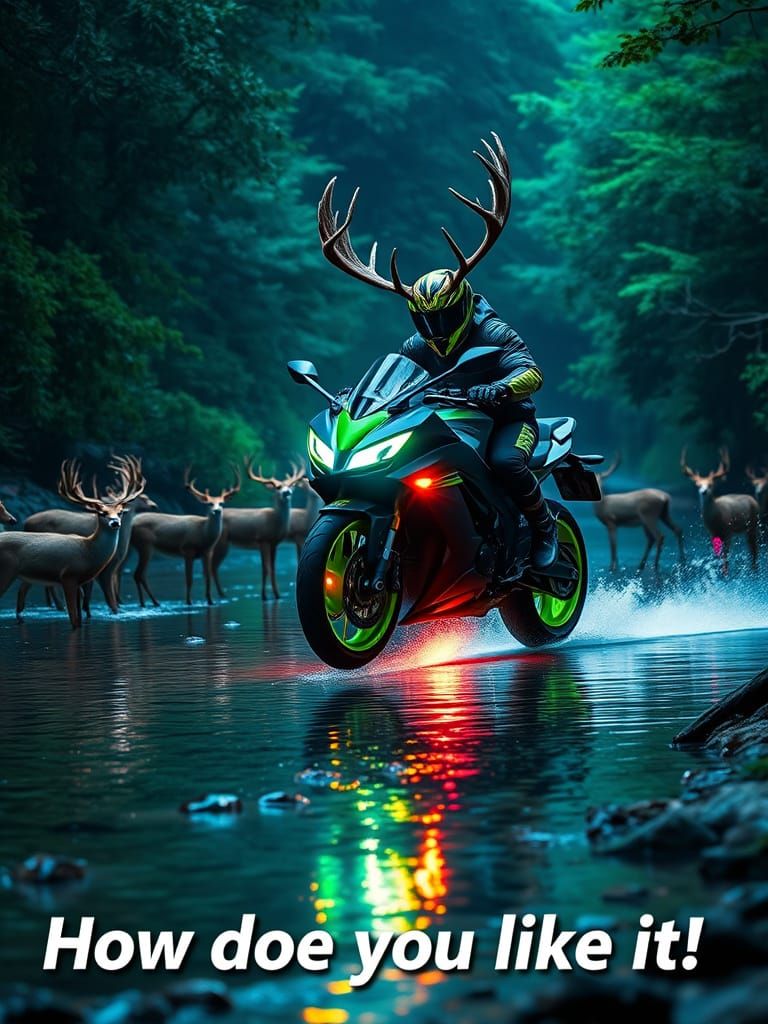 Neon Motorcycle Jumps Over Deer in Emerald Forest