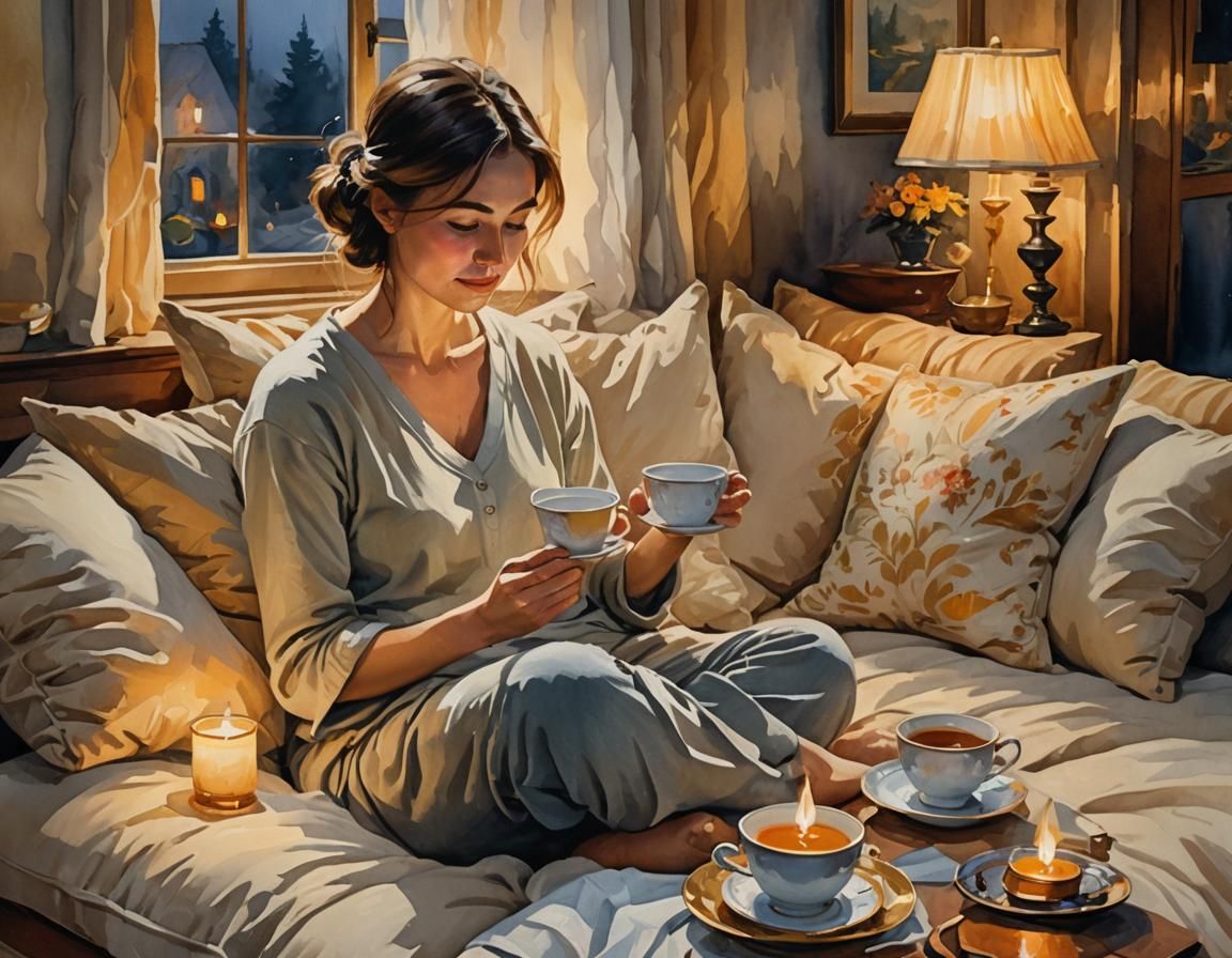 Impressionist Gouache Painting of Tea by Candlelight