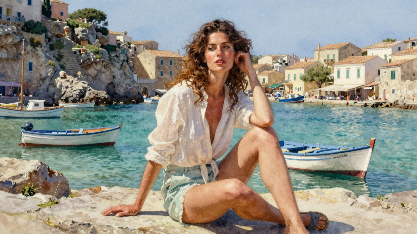 Woman by Mediterranean Harbor in Watercolor Style