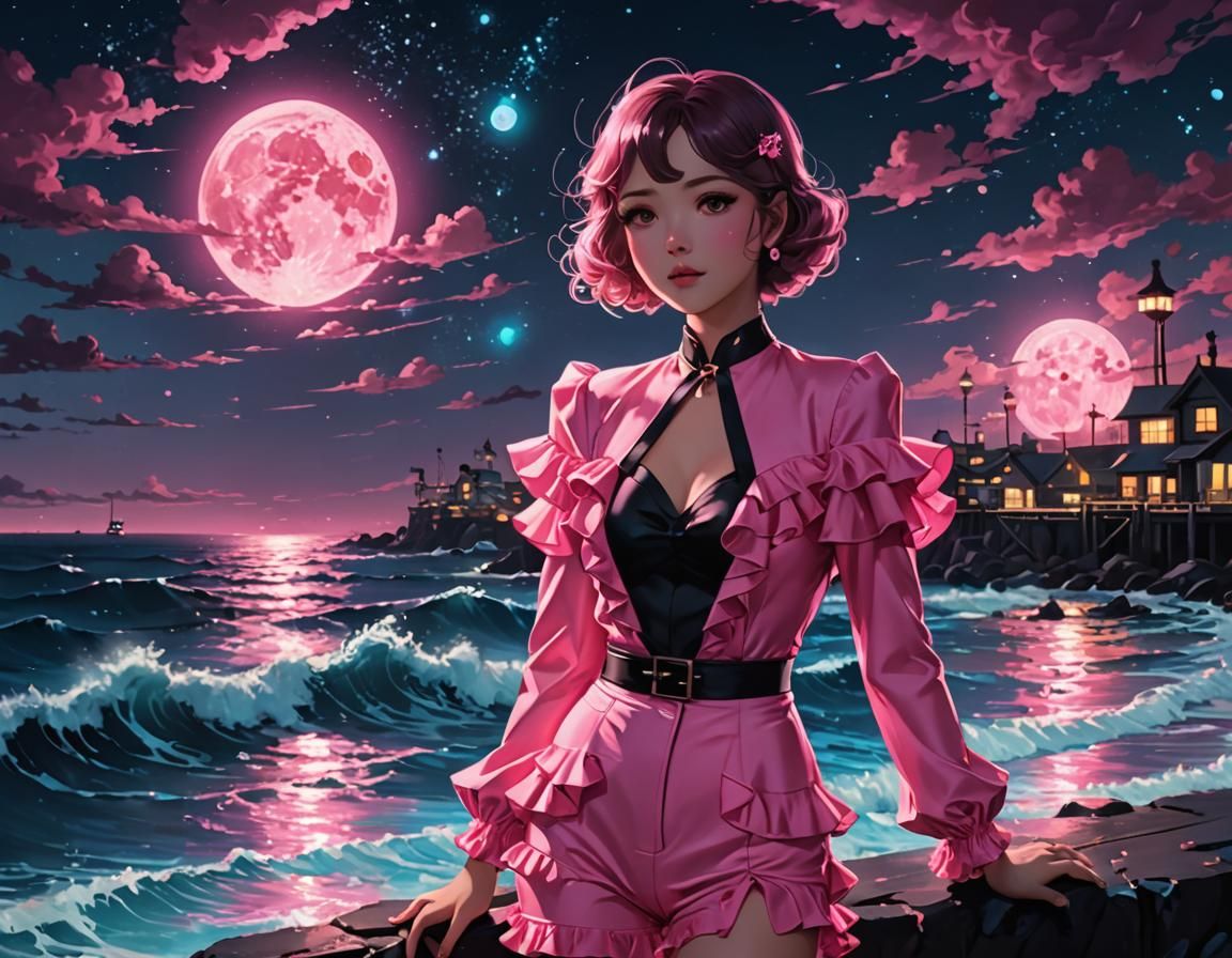 Bioluminescent Ocean View with Woman in Anime Style