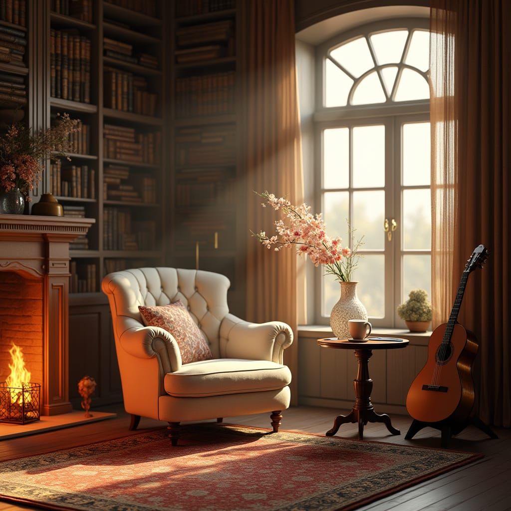 Cozy Family Library with Warm Golden Lighting