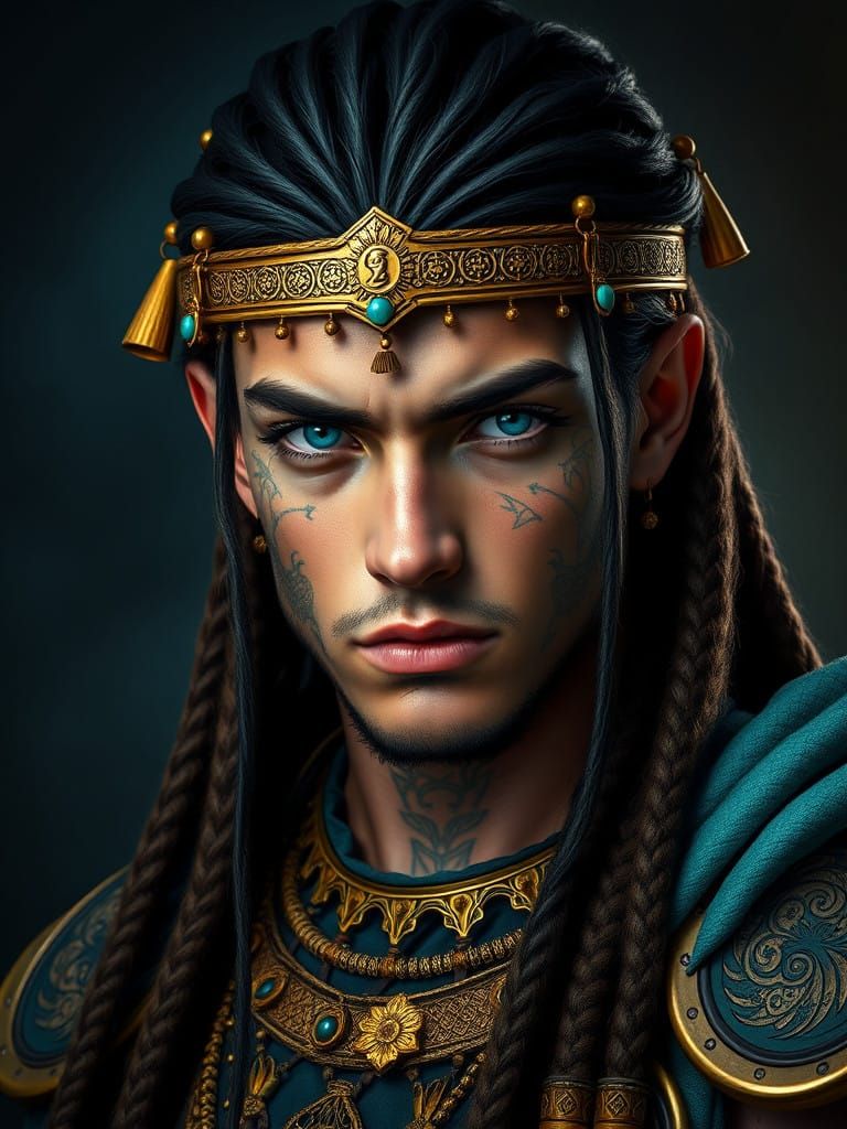 Regal Warrior King in Golden Armor with Braided Hair and Fac...