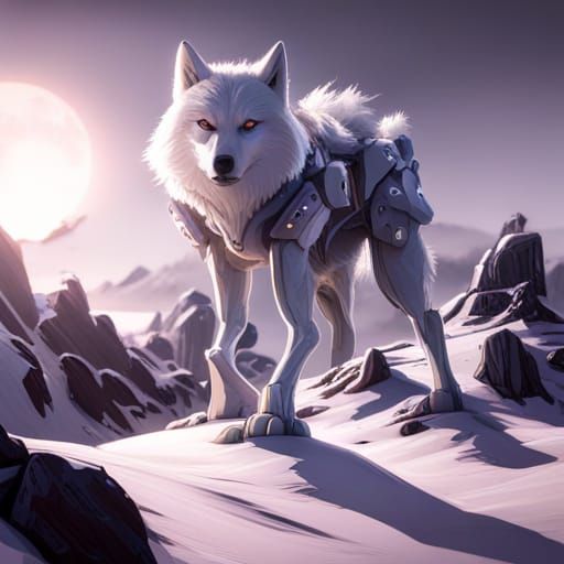 Futuristic Mecha Wolf in Snowy Mountain Storm