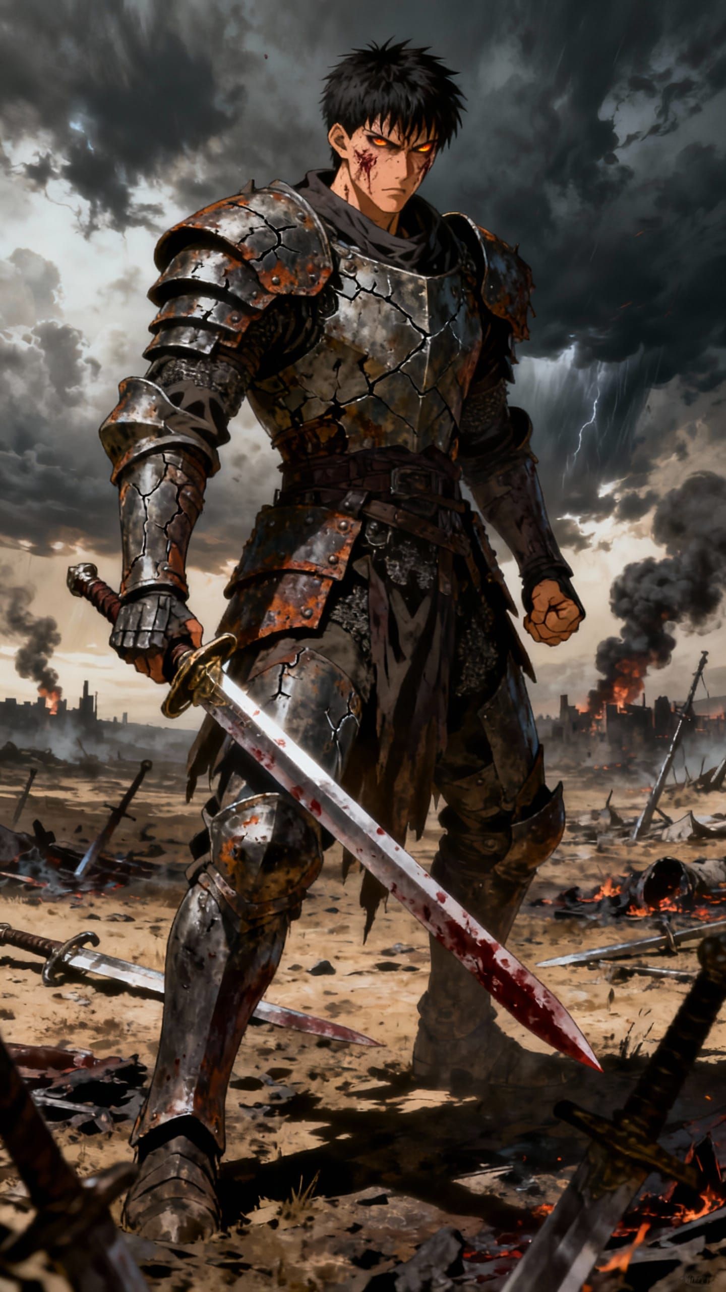 Battle-Scarred Warrior in Dark Fantasy Anime Style