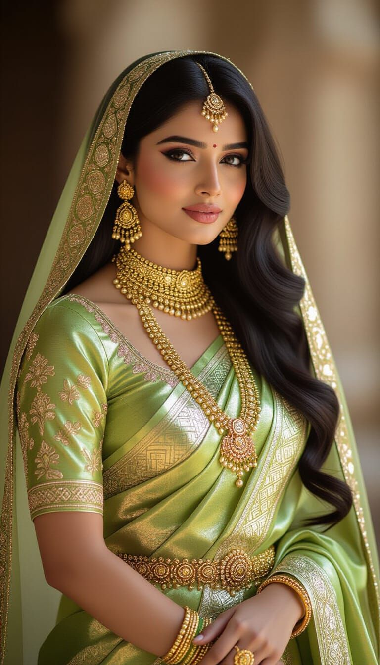 Indian Woman in Gold Saree, Inspired by Ravi Varma