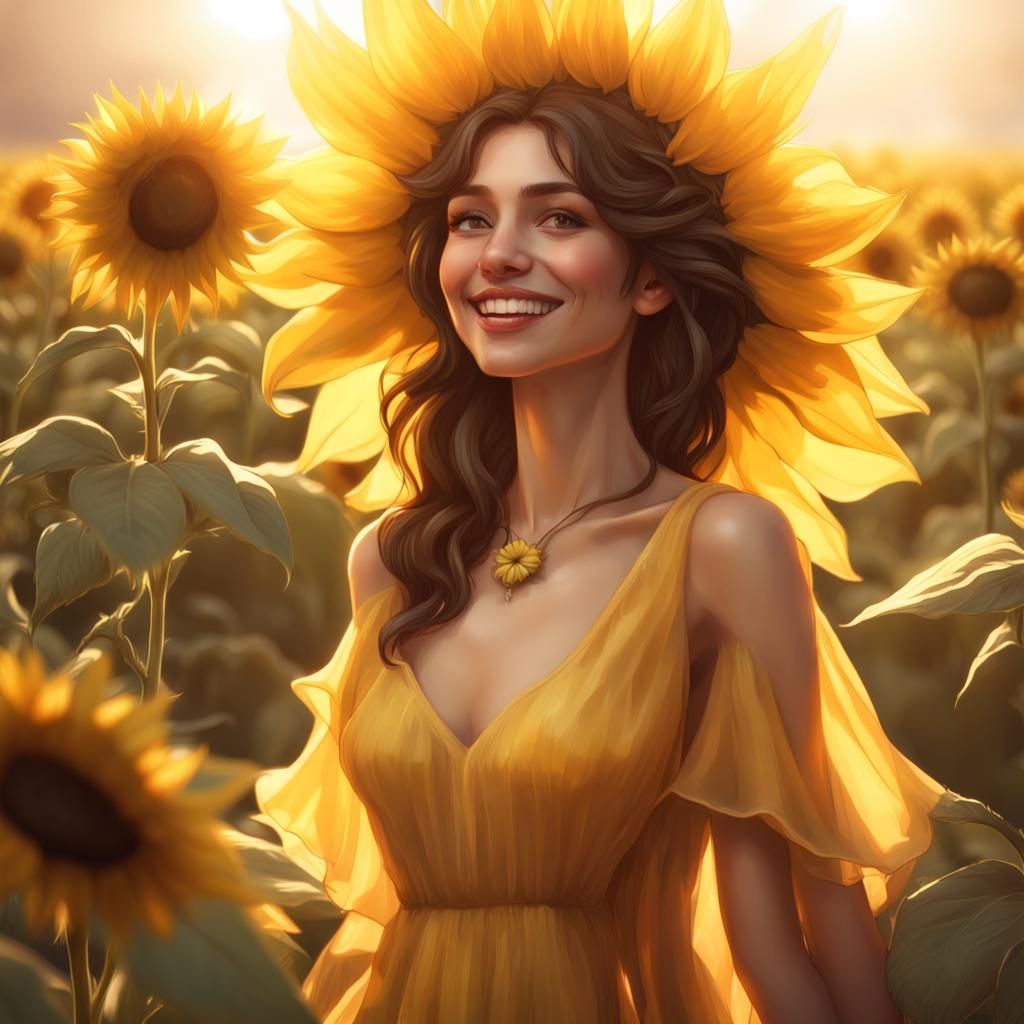 Woman in Sunflower Dress: Impressionistic Digital Art