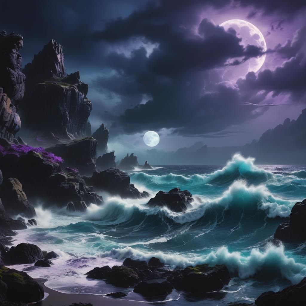 Black Moon Over Stormy Sea: Dark Fantasy Matte Painting