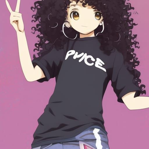 Anime Girl with Curly Hair Giving Peace Sign