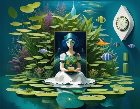 Cubist Woman on Lilypad in Dreamlike Digital Art
