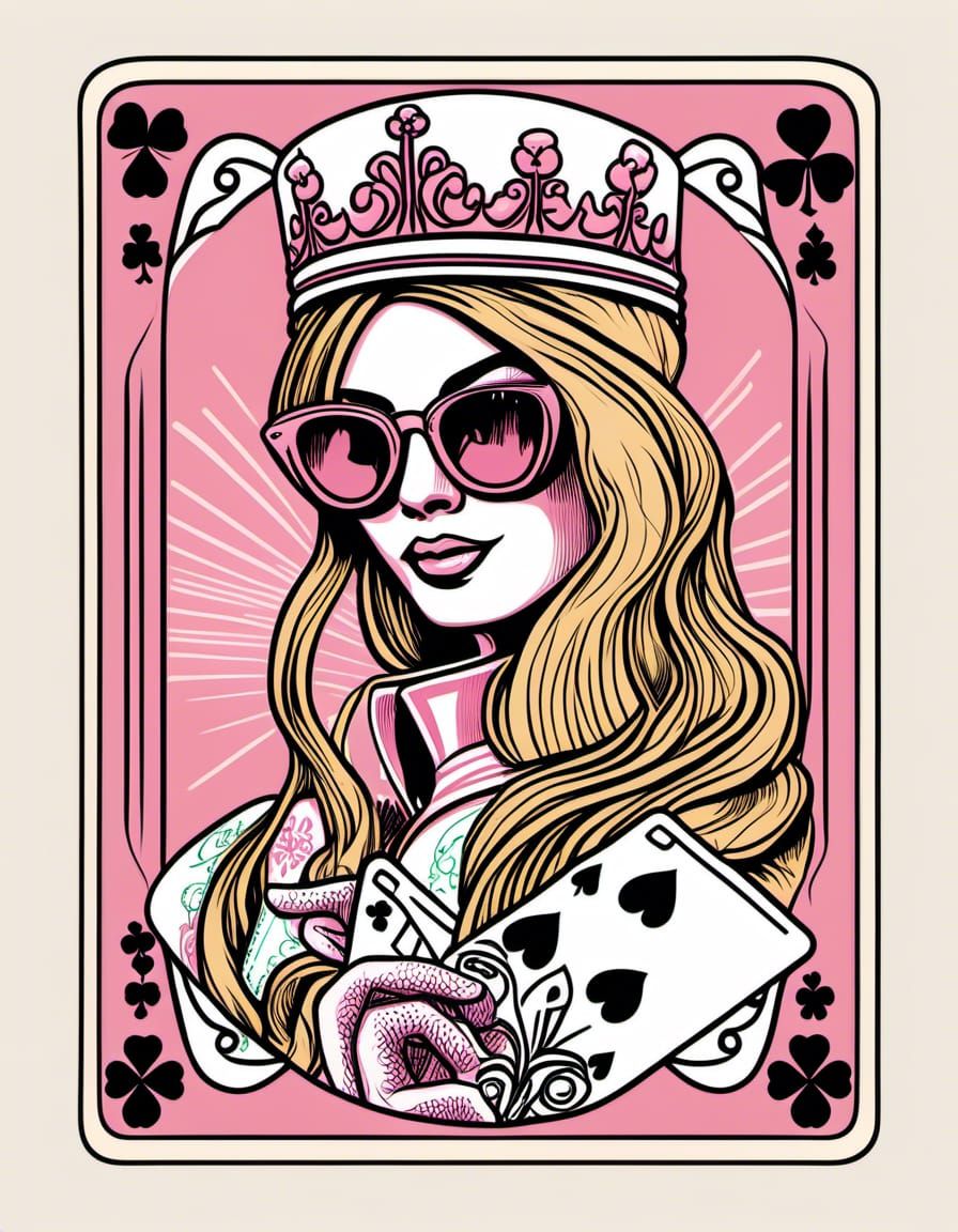 Pink Line Art: Lucky Queen of Clubs