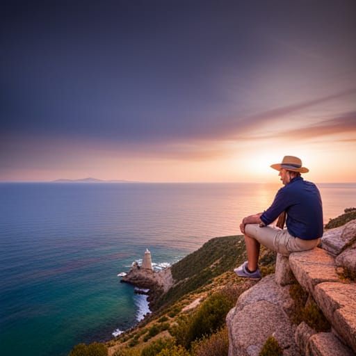 Man Overlooking Sea at Sunset, Digital Painting