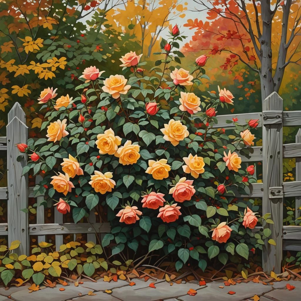 Autumn Roses by Fence: Colorful Impressionist Painting