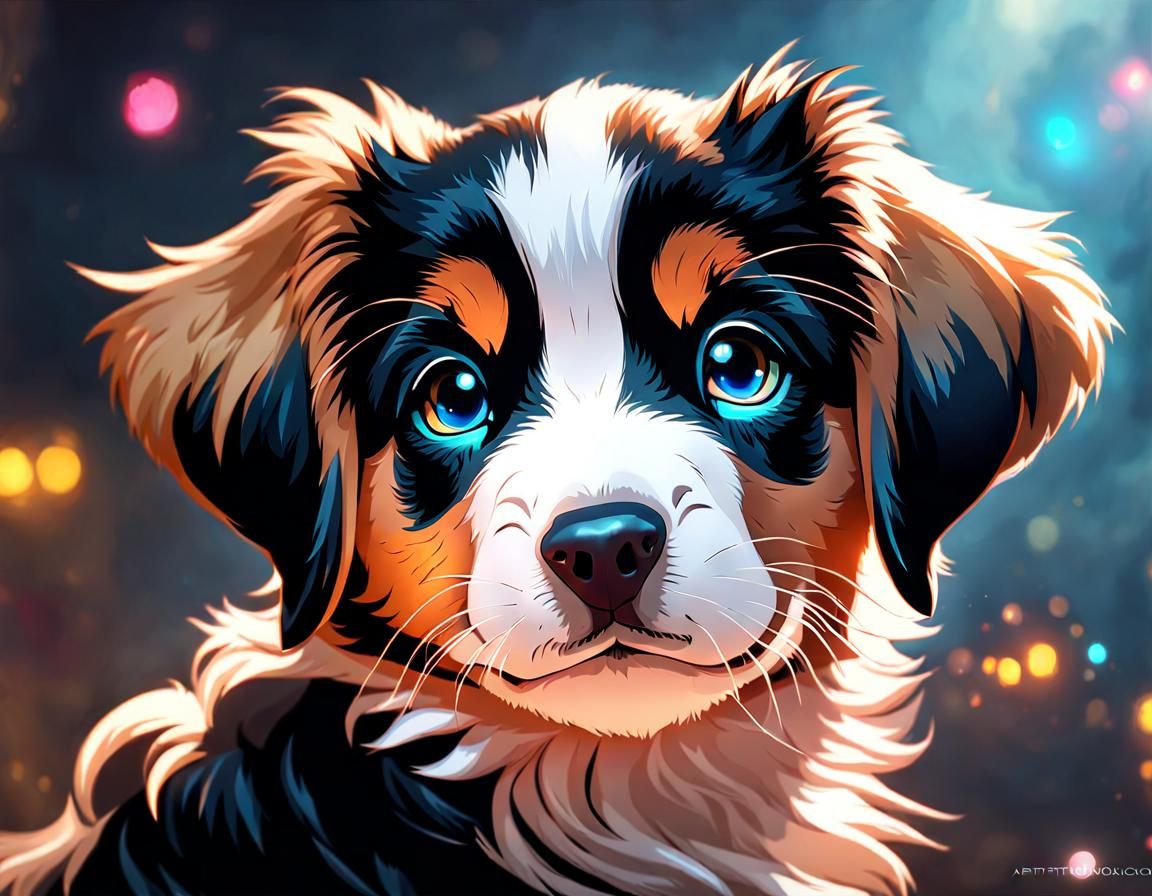 Adorable Puppy Portrait by Rutkowski, Artgerm, and Mucha