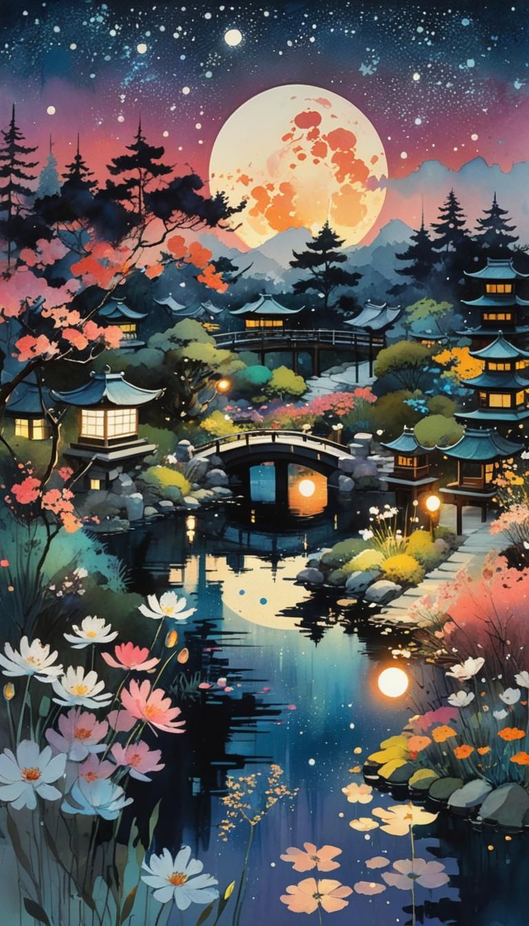 Japanese Garden at Sunset in Gouache Style