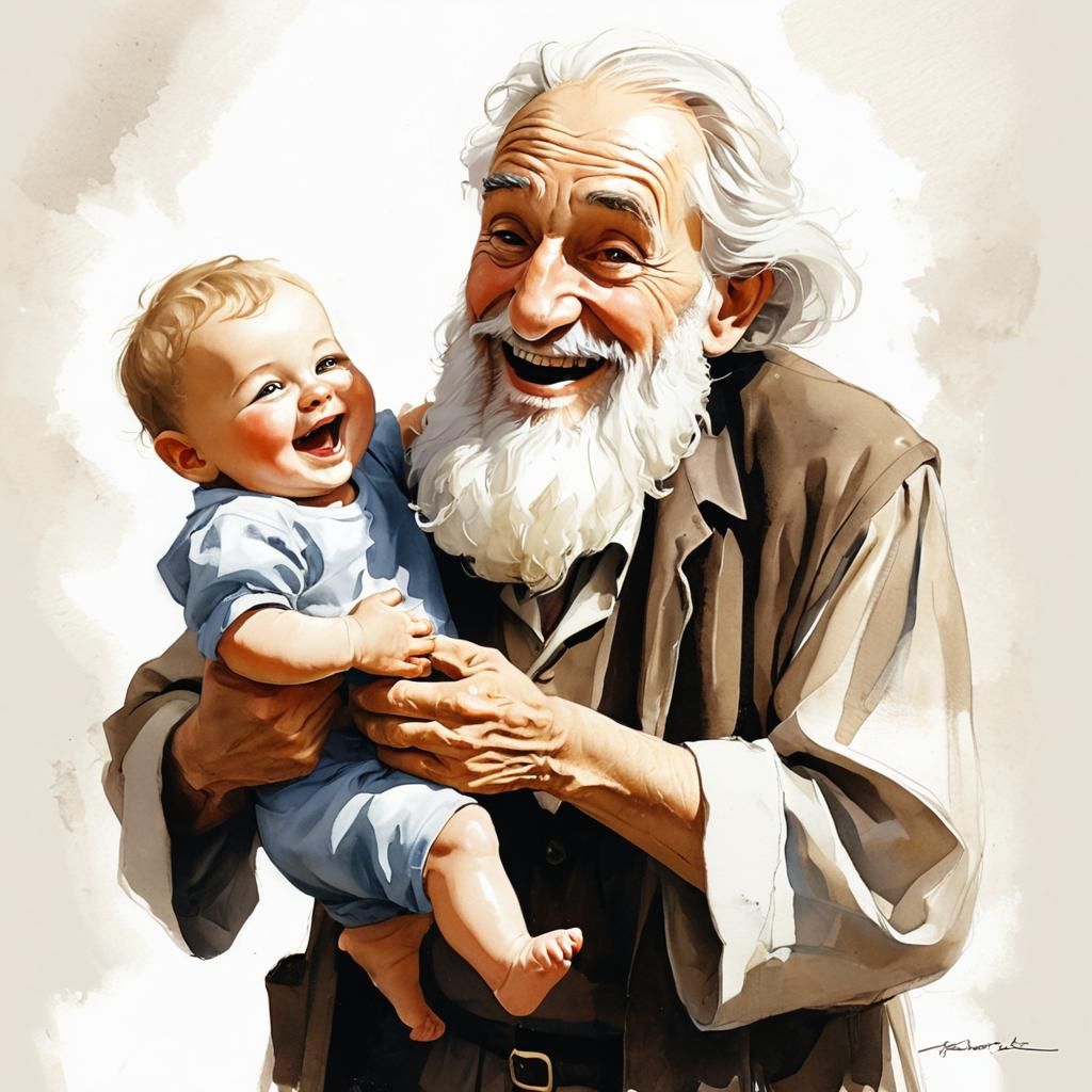 Joyful Old Man Holding Baby Jesus Caricature