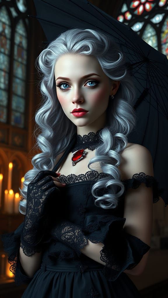 Gothic Woman in Cathedral with Parasol, Photorealistic Style