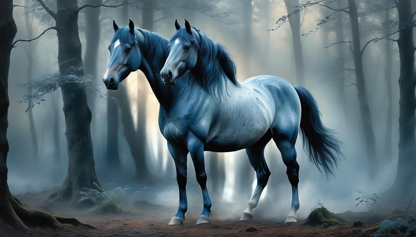Blue Horse in Misty Forest: Atmospheric Oil Painting