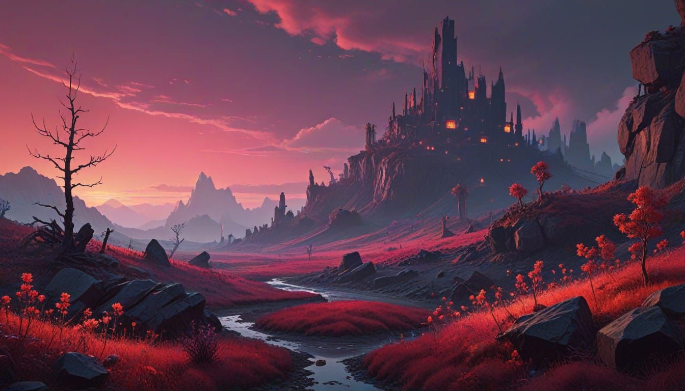 Regal Woman in Eternal, Photo-Realistic Landscape of Crimson...