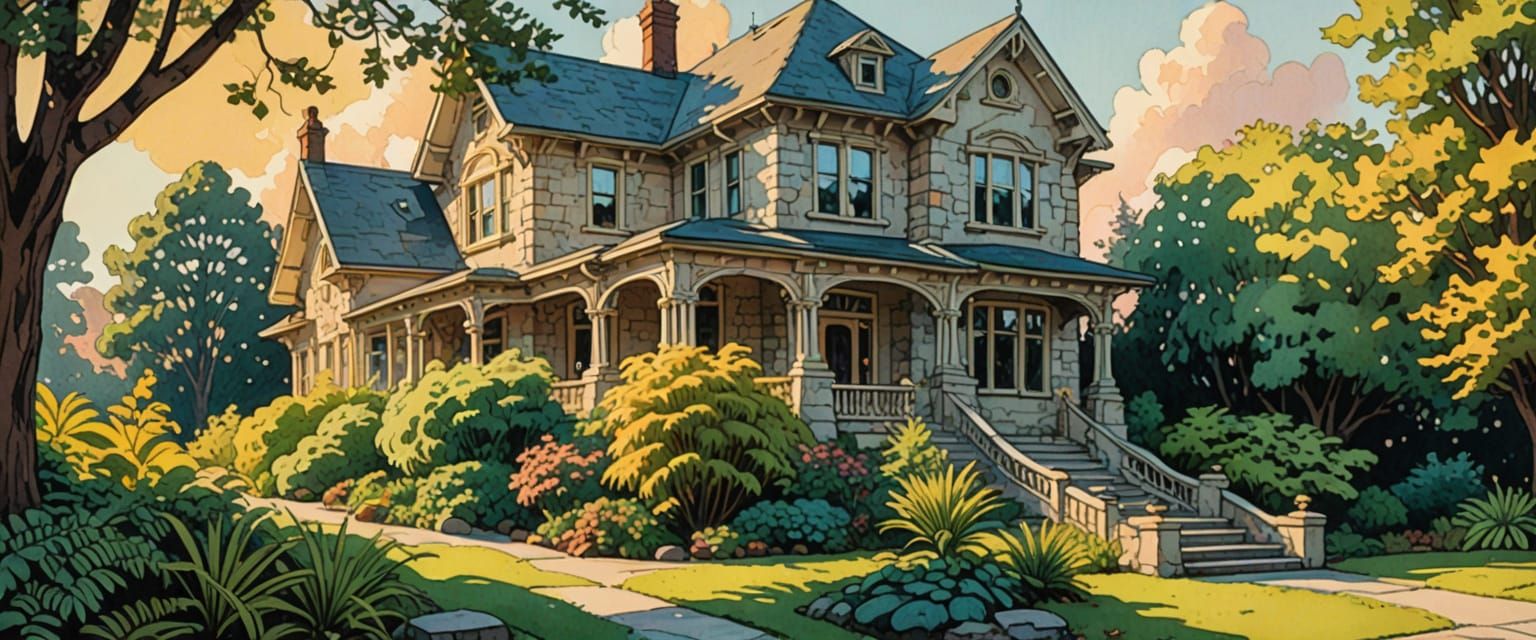 Edwardian House in Comic Book Style with Pastel Colors