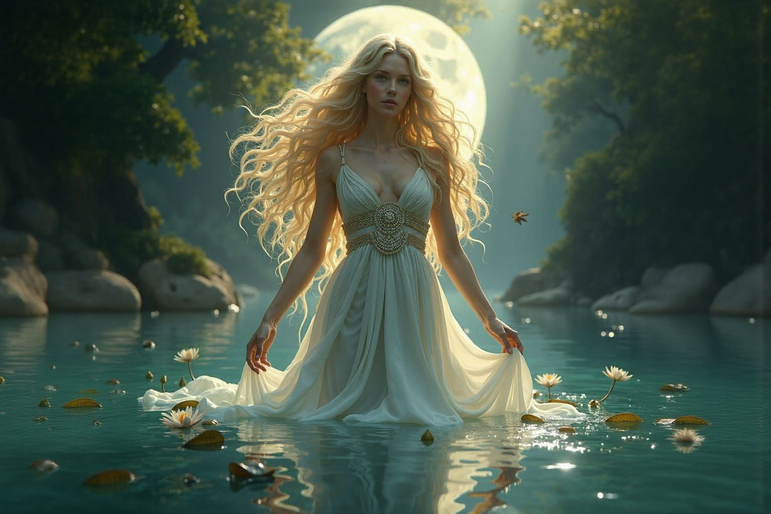Celtic Goddess Rising from Mystical Lake, Fantasy Art