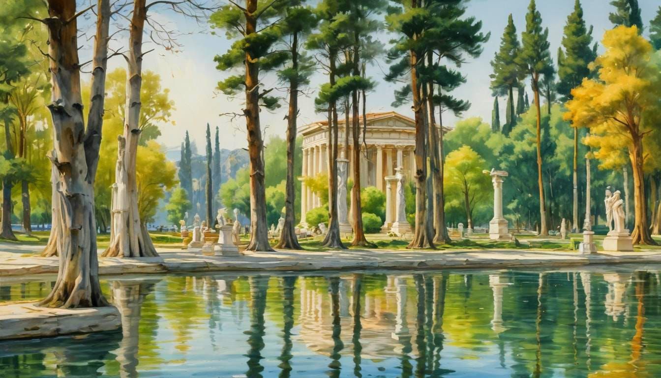 Seaside Park with Roman Temple in Watercolor
