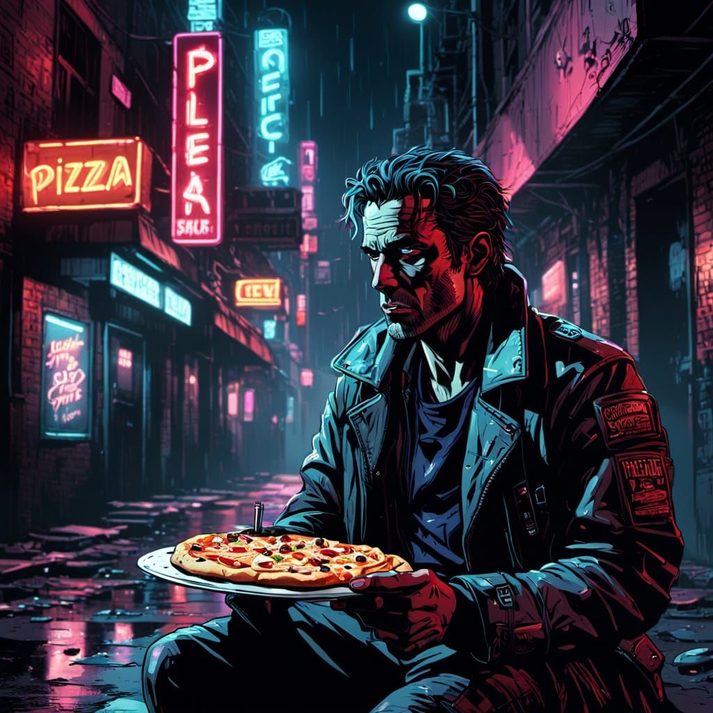 Cyberpunk Noir: Sword Fighter Enjoys Pizza Slice