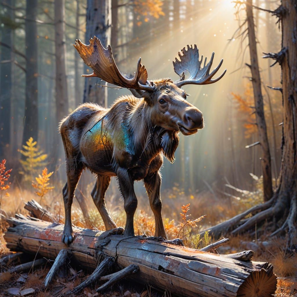 Baby Moose Play on Log in Autumn Sunlight