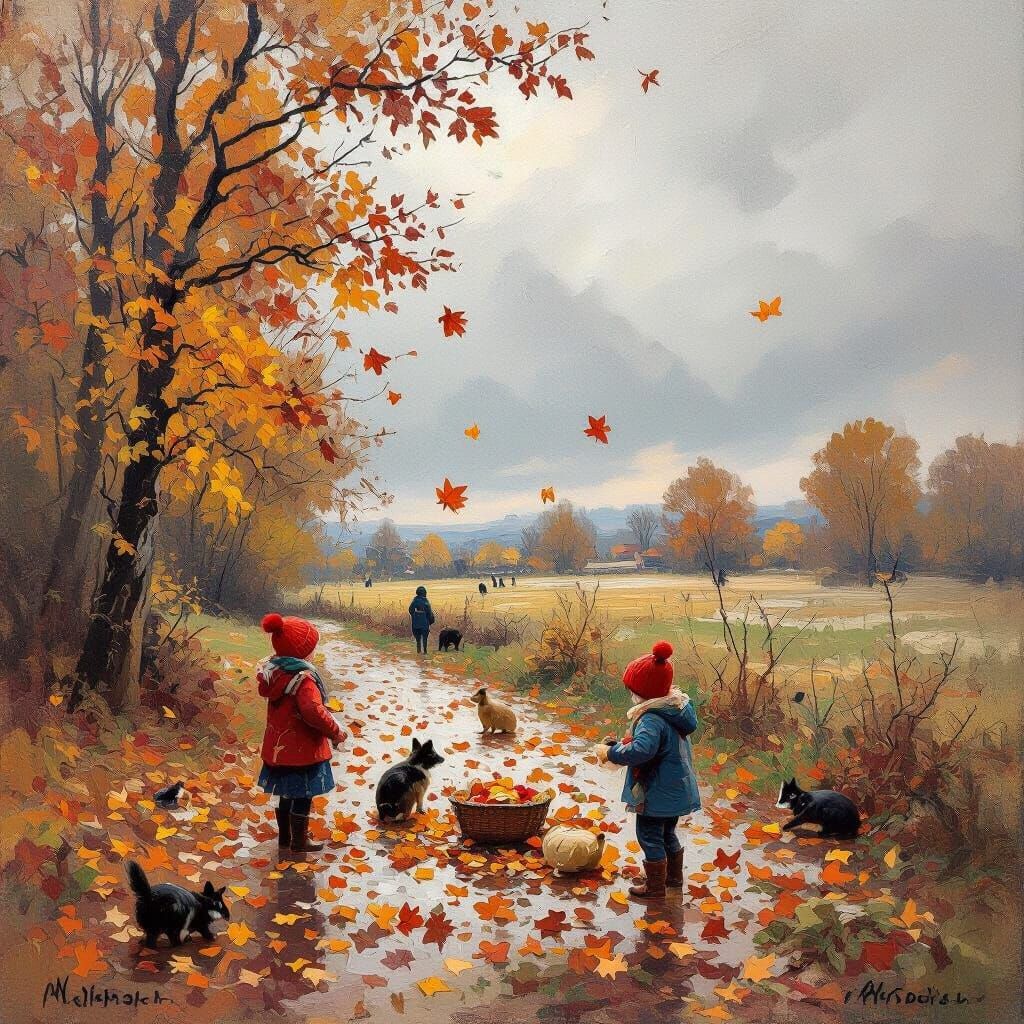 Impressionist Autumn Scene with Animals and Children