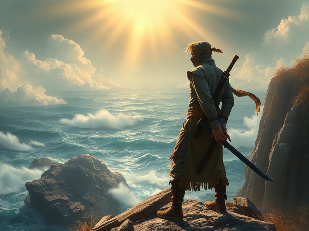 Ninja on Cliffside Overlooking Turbulent Sea