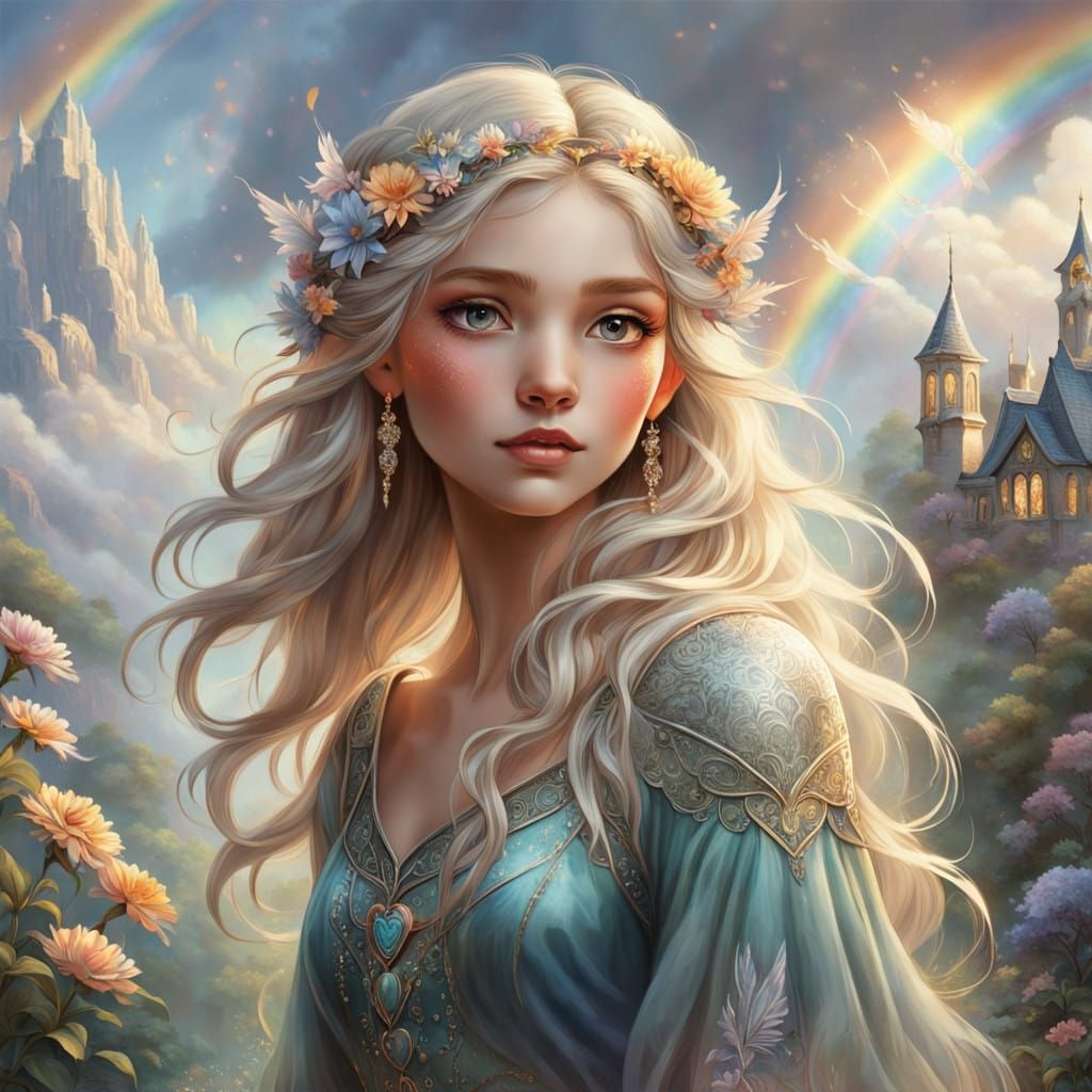 Ethereal Elf Maiden in Whimsical Rainbow Landscape