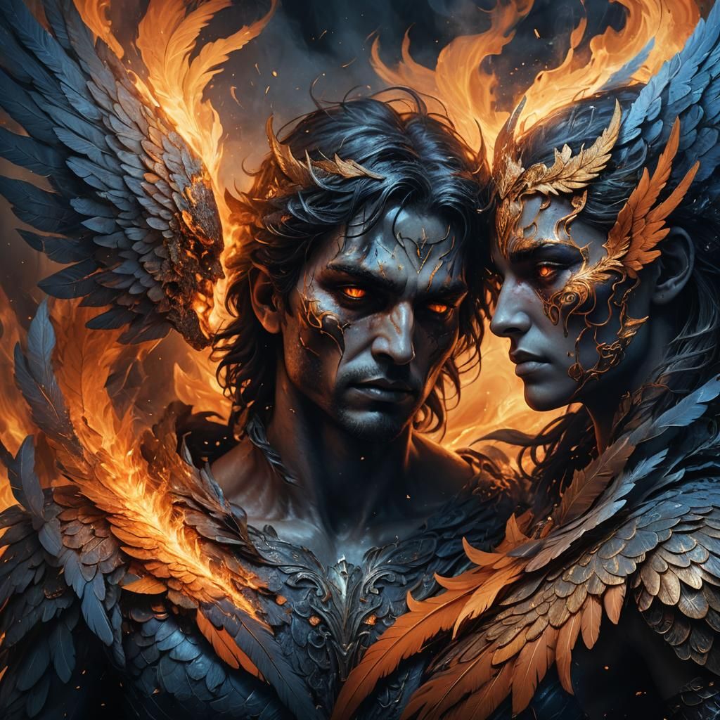 Torn Angel and Demon Portrait in Dark Fantasy Style