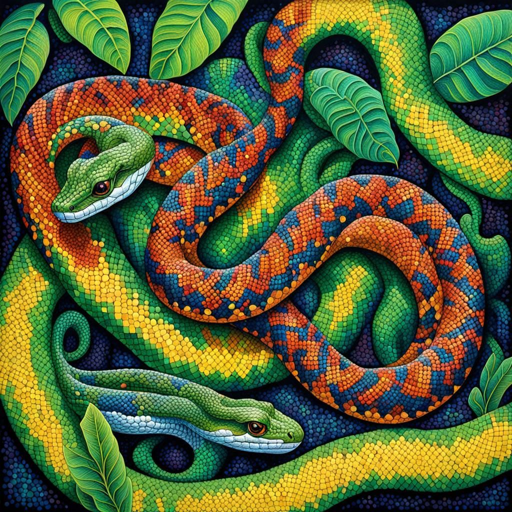 a rainforest snake, pointillism