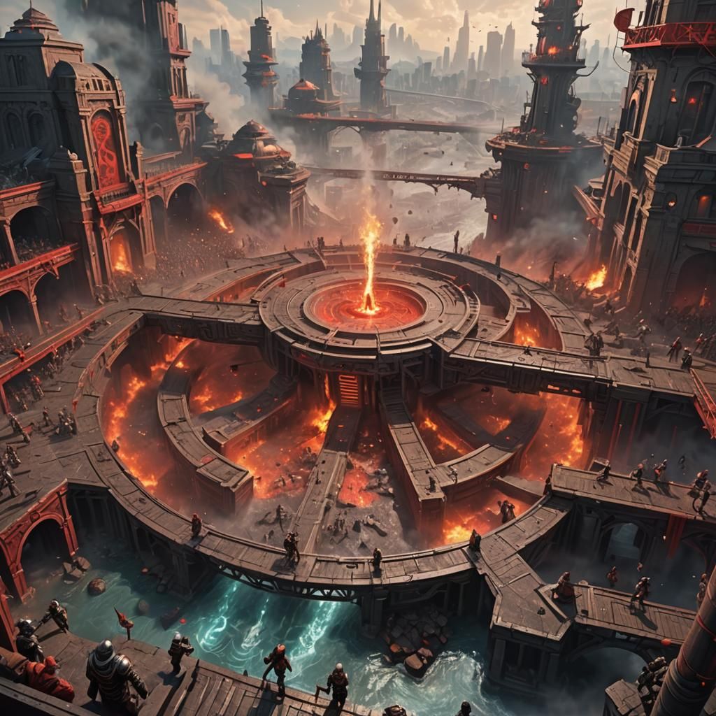 Sci-Fi City Arena with Duelists in Hyperrealistic Style