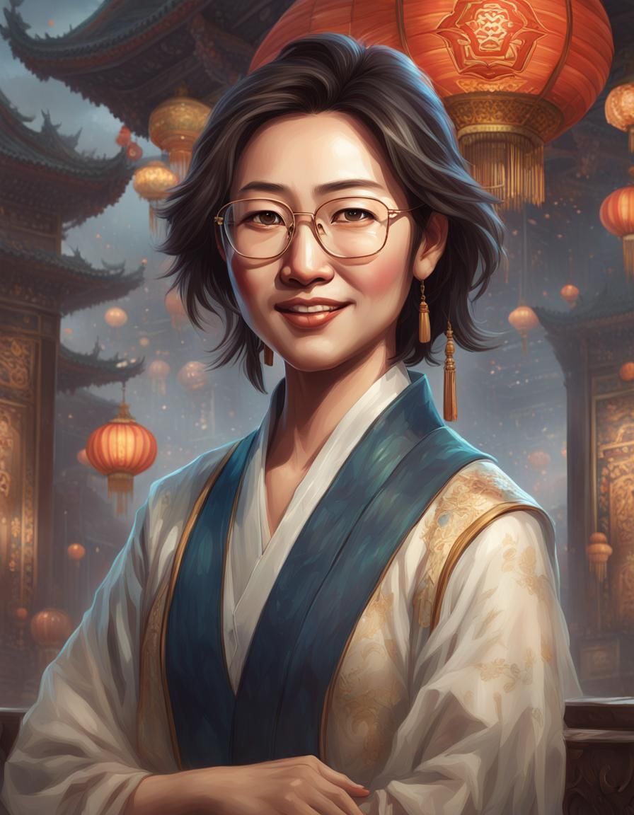 Smiling Chinese Teacher Portrait in Hyperdetailed Style