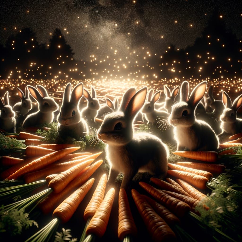 Glowing Carrots Field with Bunnies at Night