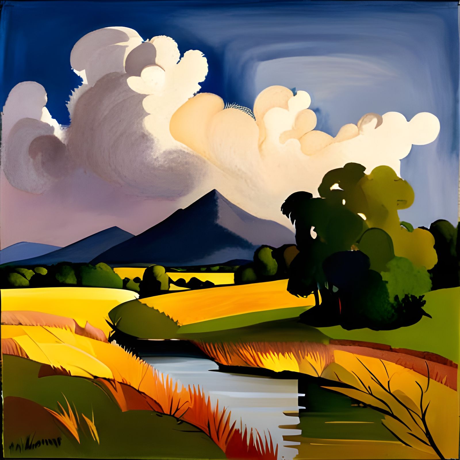 Hawkins-Inspired Landscape with Dramatic Clouds