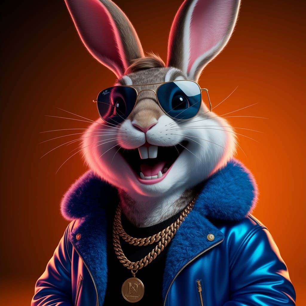 Laughing Bunny in Blue Fur Coat with Gold Chains