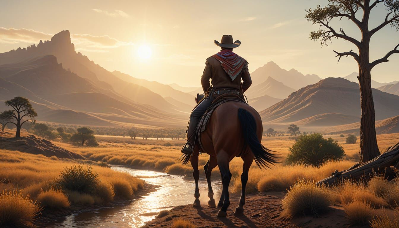 Epic Cowboy Landscape Digital Painting at Golden Hour